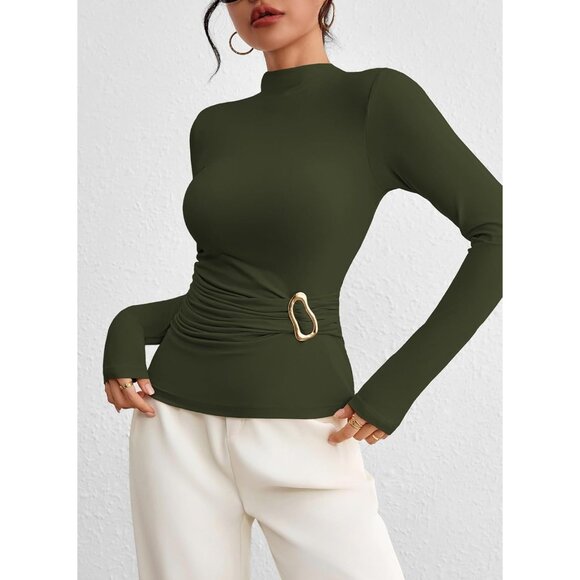 Women's Long Sleeve Mock Neck Shirt Ruched Button Detail Slim Fit Casual - Picture 5 of 7